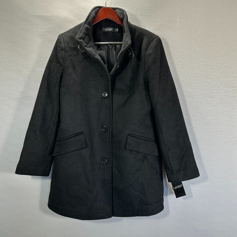 Lauren Ralph Lauren Black Label Wool Peacoat Womens 8 Black Tab Front Button NEW